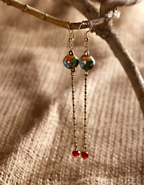 Blue Pottery Bead With Chain Earring (Brown)